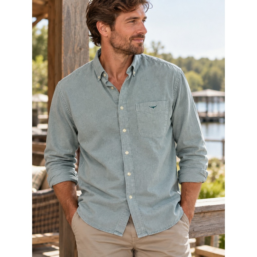 R. M. Williams Cotton Oxford Button Down Shirt Men's XL Blue Green Long Sleeve